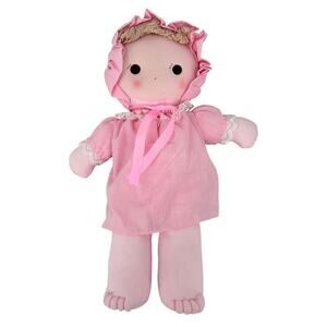 Kamar Cloth Rag Doll Pink Pinafore Dress Bonnet Lovey Stuffed Taiwan Vintage